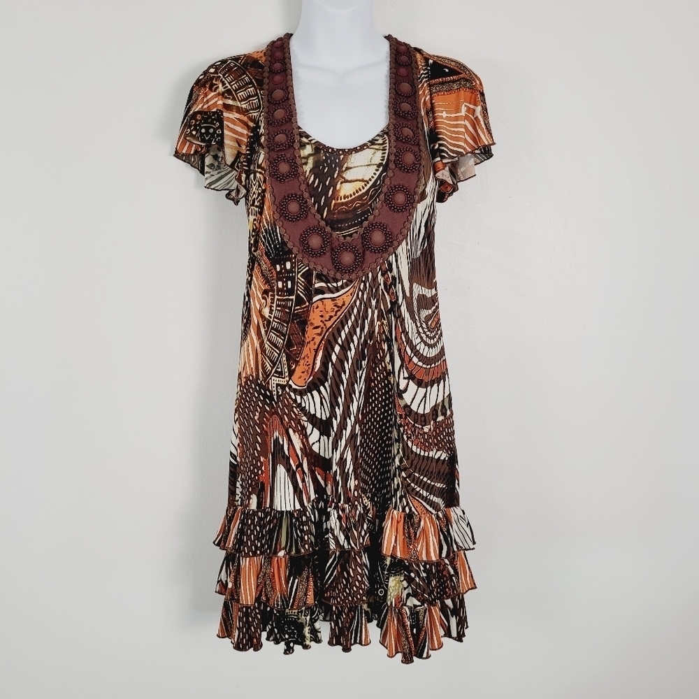 Anthropologie Ranna Gill  Jersey‎ Knit Ruffle Tier Beaded Dress Size S